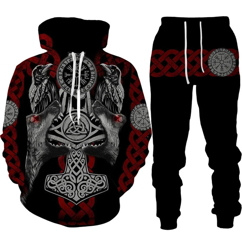 Viking-themed hoodie and pants set with raven, wolf, and Thor's hammer design.