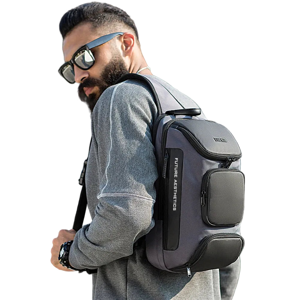 A Man with the Men’s Waterproof Crossbody Bag Anti-Theft Travel Sling Pack on his Back
