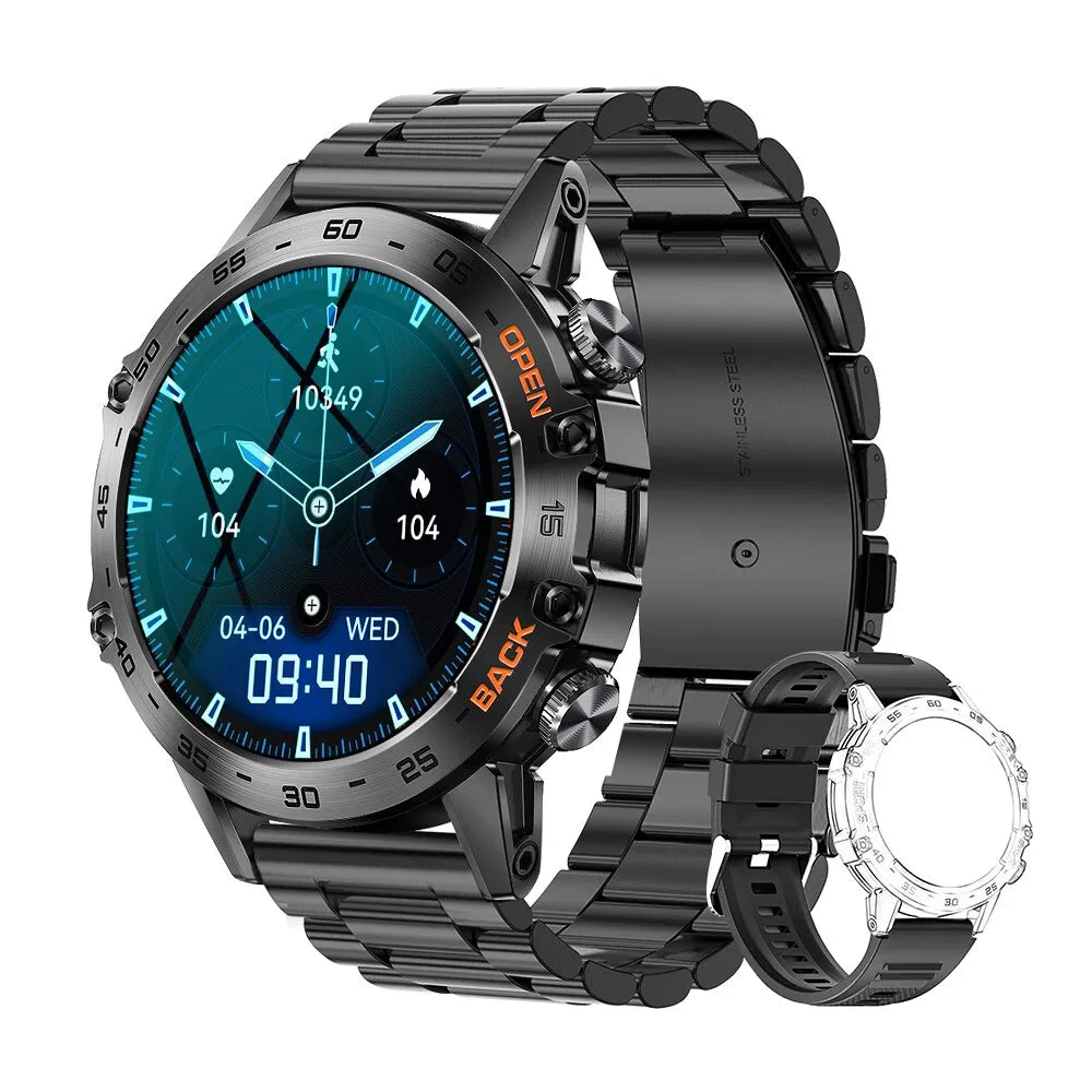 Men’s Waterproof fitness smartwatch with Bluetooth calling, IP67 build, black silicone strap, multi-function display, step counter, heart rate monitor, and sport mode tracking watch on a white background