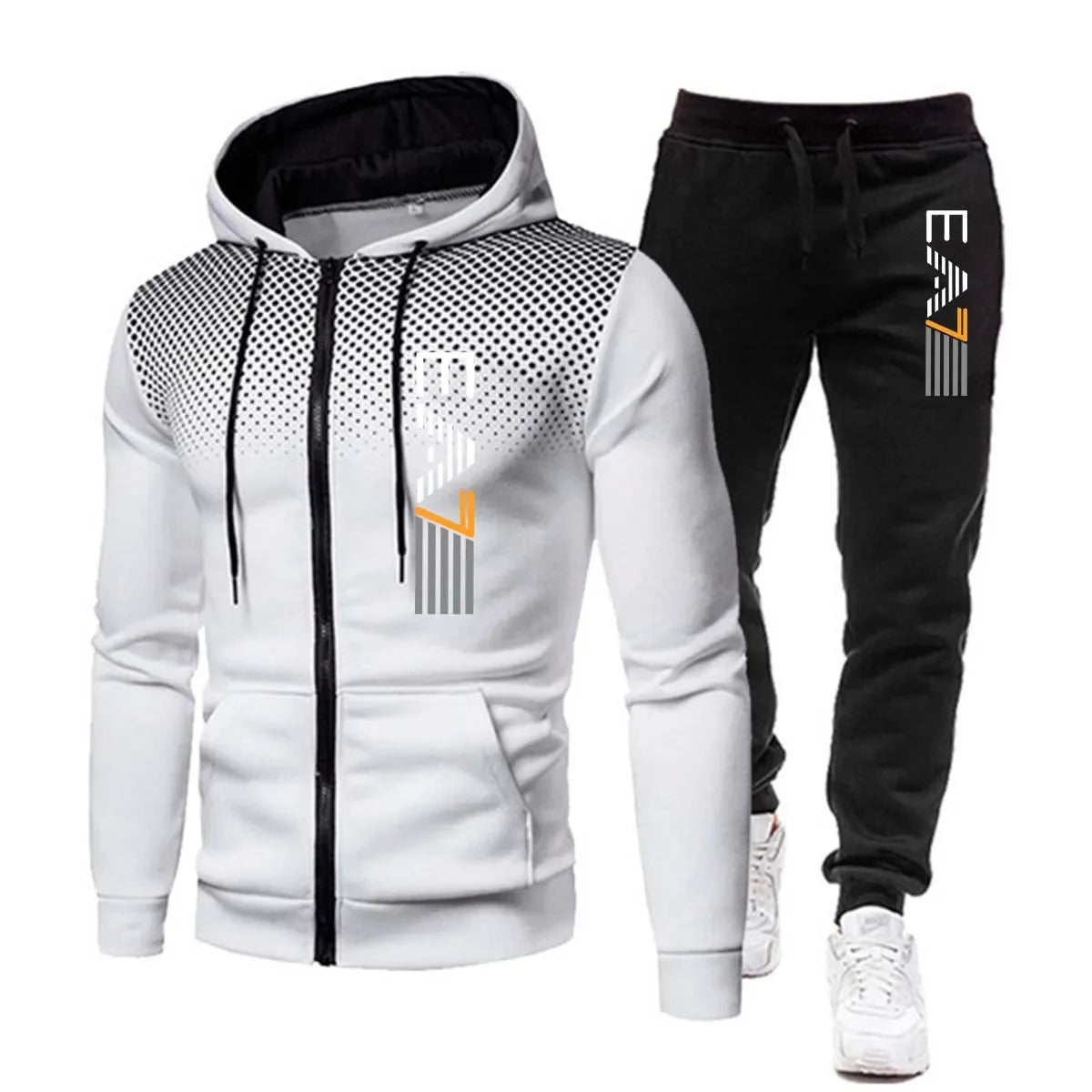 White hoodie with black accents and black pants with white logo on a white background