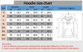 Hoodie size chart with measurements in centimeters and inches