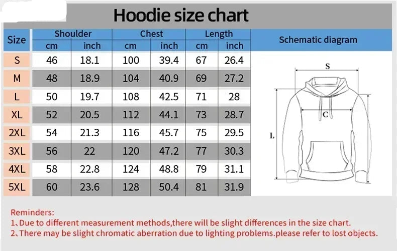 Hoodie size chart with measurements in centimeters and inches