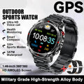 Smartwatch with features listed on a white background, including GPS, outdoor sports watch, and military grade high-strength alloy body.
