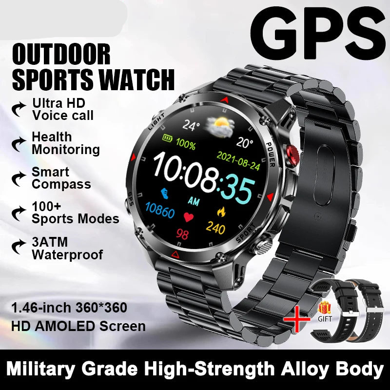 Smartwatch with features listed on a white background, including GPS, outdoor sports watch, and military grade high-strength alloy body.