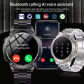 Smartwatch with app icons and text about Bluetooth calling and AI voice assistant on a dark background