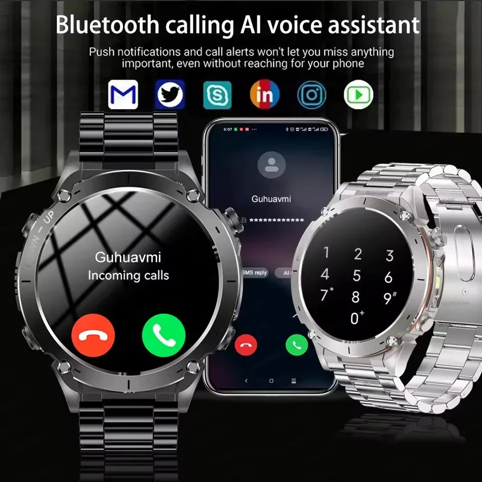 Smartwatch with app icons and text about Bluetooth calling and AI voice assistant on a dark background