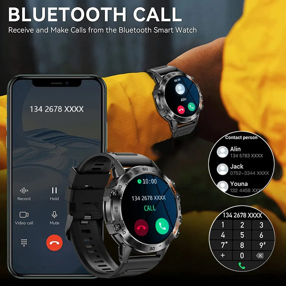Men’s Bluetooth call smartwatch showing call interface, contact list, and dial pad, with fitness tracking, waterproof design, and smart connectivity features