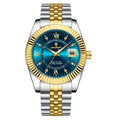 Modern men's stainless steel wristwatch with a blue dial, gold-tone hands and markers, and a silver-tone band. Features include a luminous date display and waterproof design.