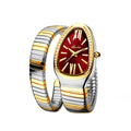 Modern snake watch for women with red dial, gold and silver stretch bracelet, diamond accents, Roman numerals, and elegant luxury wrist style on a white background