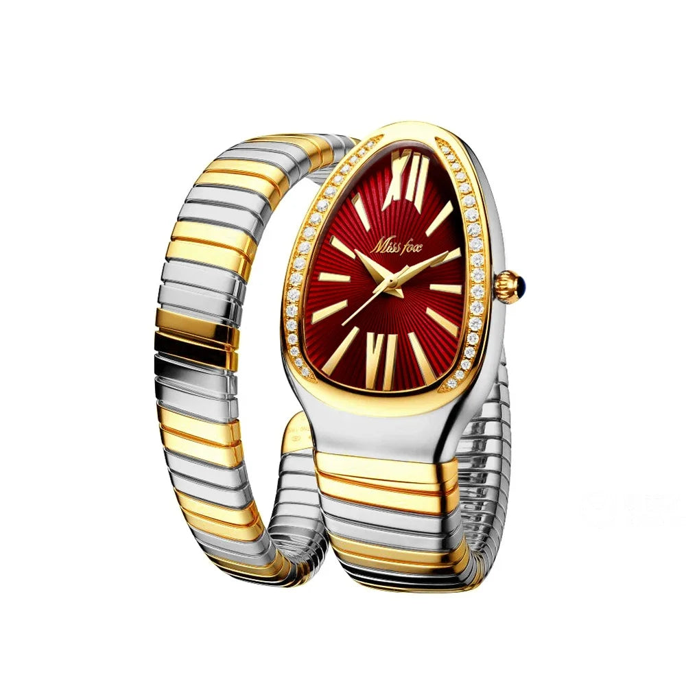 Modern snake watch for women with red dial, gold and silver stretch bracelet, diamond accents, Roman numerals, and elegant luxury wrist style on a white background