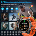 Smartwatch with orange band displaying activity tracking features, surrounded by a cyclist and fitness icons.