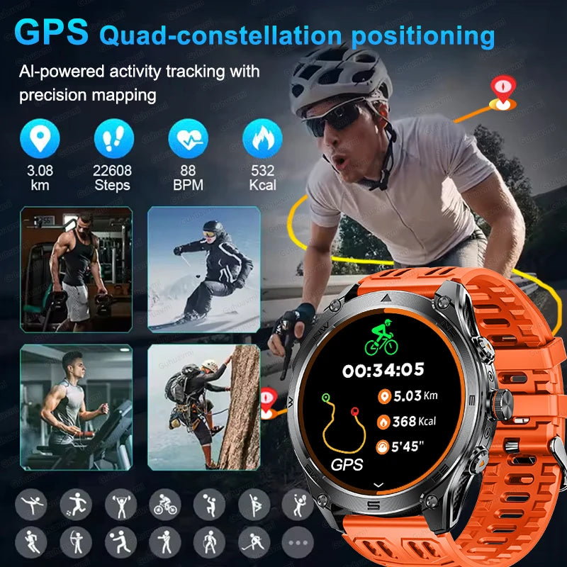 Smartwatch with orange band displaying activity tracking features, surrounded by a cyclist and fitness icons.