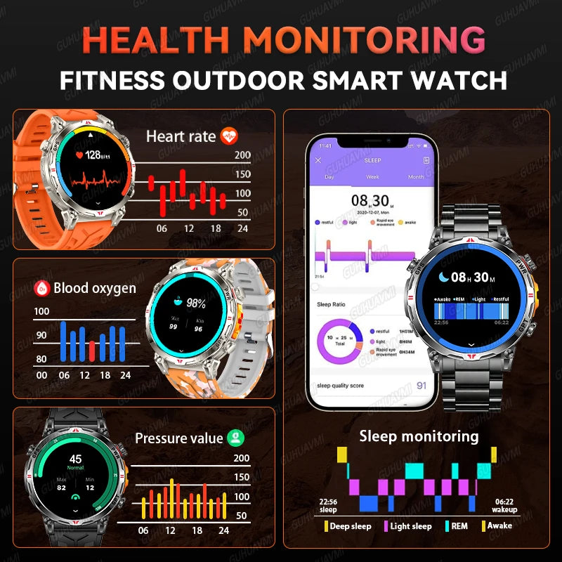 Fitness outdoor smart watch with health monitoring features displayed on a dark background.