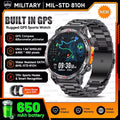 Military-style smartwatch with GPS and various features on a promotional background