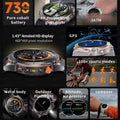 Ultra GPS smartwatch with AMOLED display, metal body, 100+ sports modes, compass, altitude tracking, outdoor flashlight, and waterproof military adventure design