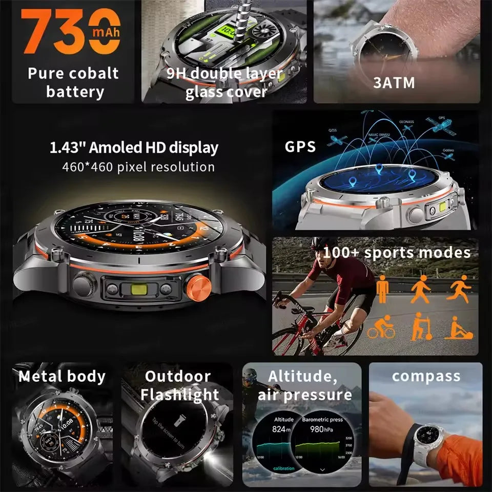 Ultra GPS smartwatch with AMOLED display, metal body, 100+ sports modes, compass, altitude tracking, outdoor flashlight, and waterproof military adventure design