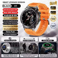 Smartwatch with orange band on a promotional background with features listed.