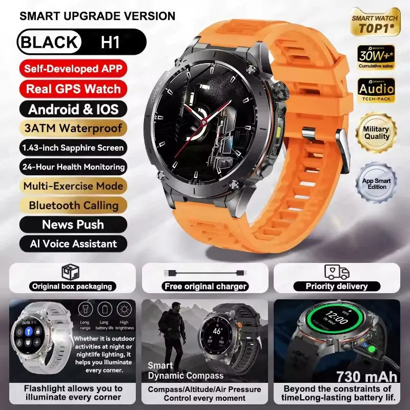 Smartwatch with orange band on a promotional background with features listed.