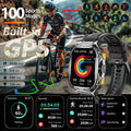 Smartwatch with fitness tracking features displayed on a screen, with a cyclist in the background.