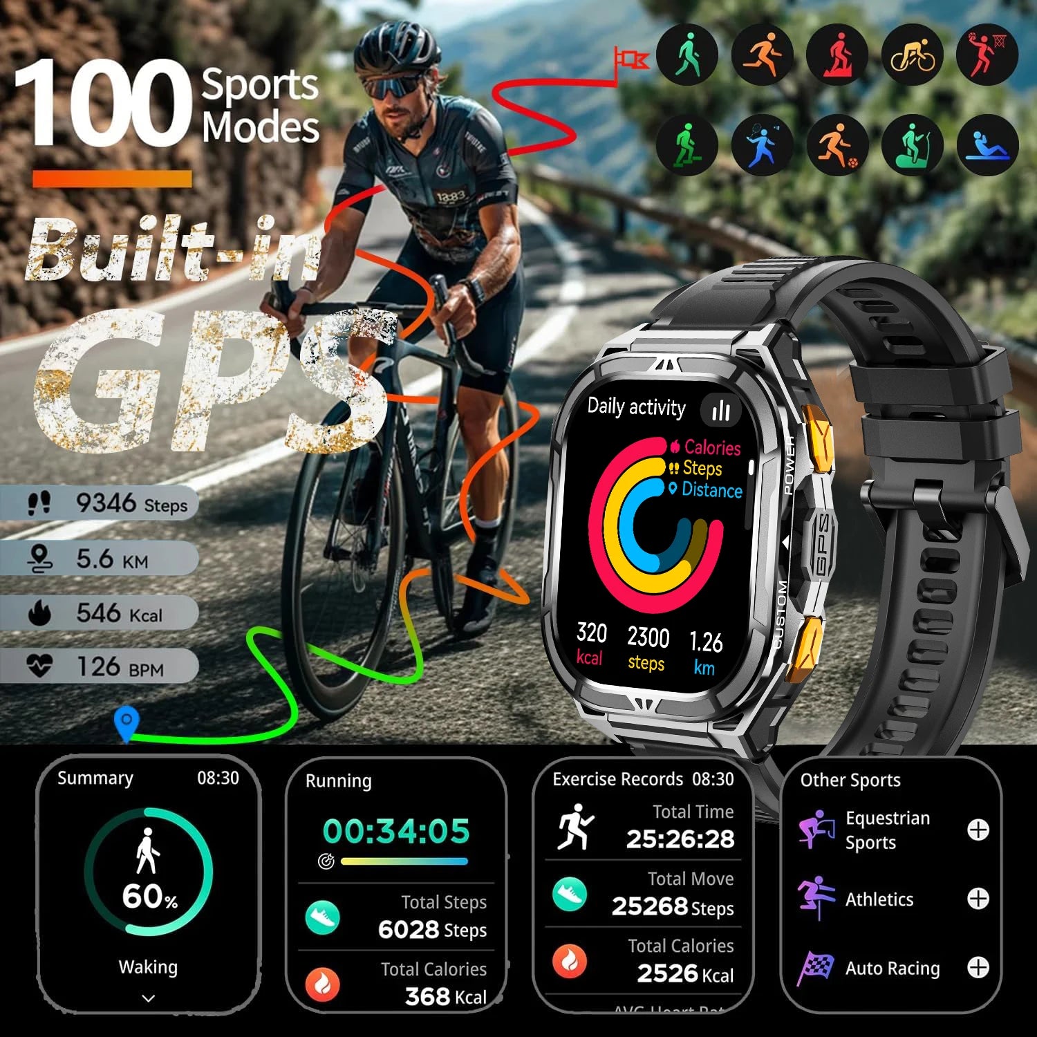 Smartwatch with fitness tracking features displayed on a screen, with a cyclist in the background.