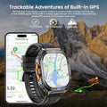 Smartwatch and phone displaying GPS tracking app with mountainous landscape in the background