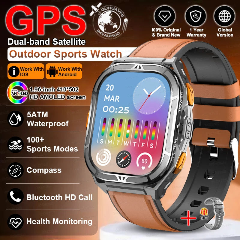 Outdoor sports watch with GPS and multiple features on a brown background