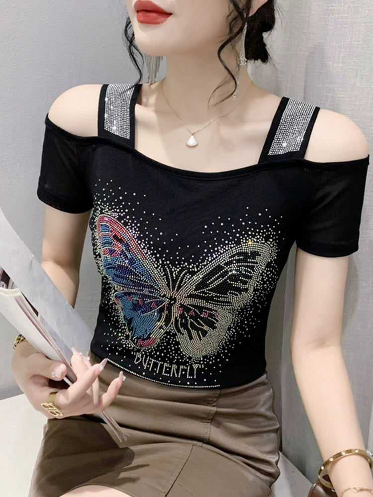 Women's Off-Shoulder Short-Sleeve Top - European Style Summer Fashion, Heavy Embroidery & Hot Drill Mesh Shirt