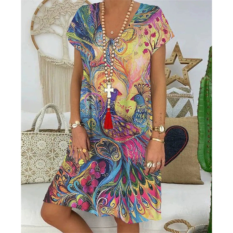 legant V-Neck Digital Print Dress - Casual and Temperament Leisure Wea