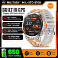 Outdoor adventure GPS smartwatch with AMOLED display, showing fitness stats, built-in compass, barometer, altimeter, 5ATM waterproof design, and rugged military-style build