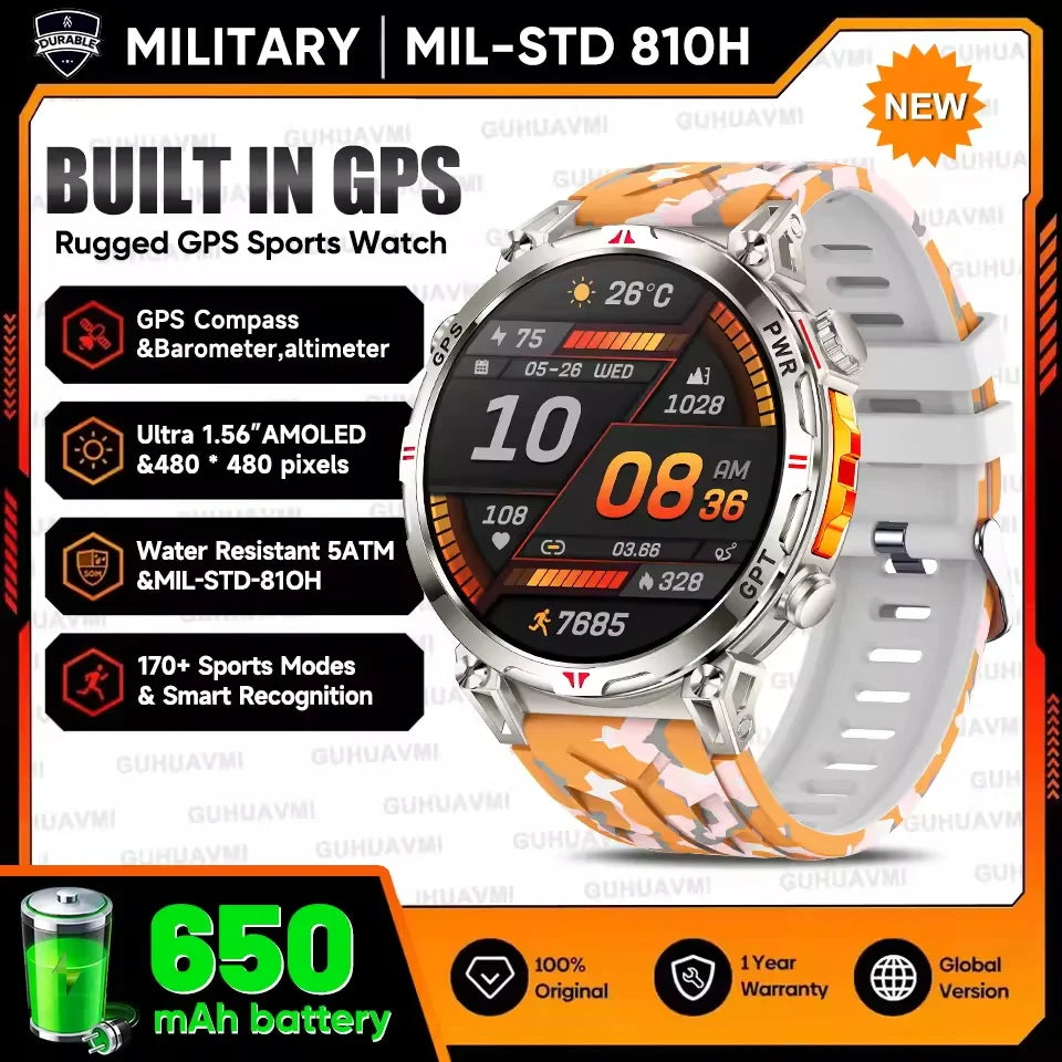 Outdoor adventure GPS smartwatch with AMOLED display, showing fitness stats, built-in compass, barometer, altimeter, 5ATM waterproof design, and rugged military-style build