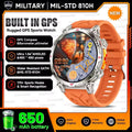 Outdoor fitness GPS smartwatch with AMOLED display, showing navigation map and activity tracking, featuring 5ATM waterproof design, rugged build, and sporty orange strap