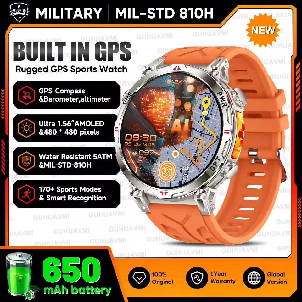 Outdoor fitness GPS smartwatch with AMOLED display, showing navigation map and activity tracking, featuring 5ATM waterproof design, rugged build, and sporty orange strap