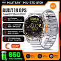 Rugged GPS sports watch with metallic band on a promotional background