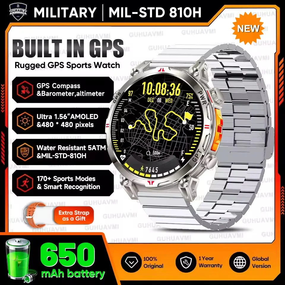 Rugged GPS sports watch with metallic band on a promotional background