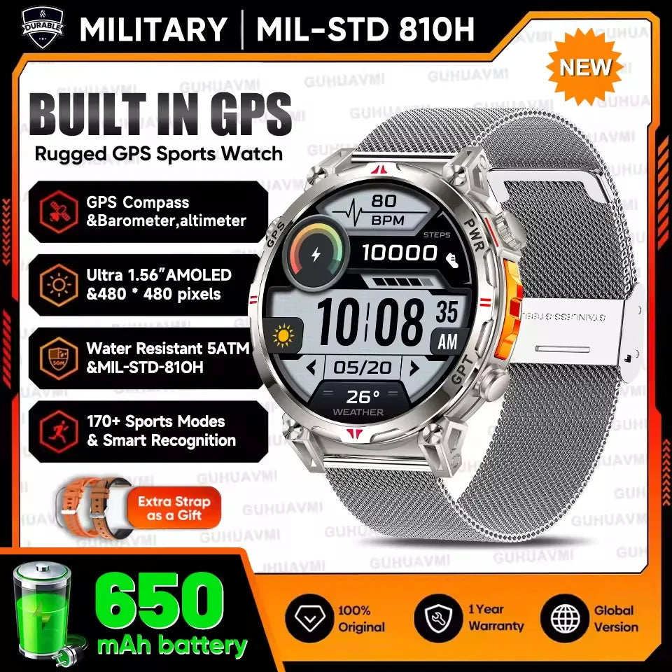 Rugged GPS sports watch with features highlighted on a promotional graphic