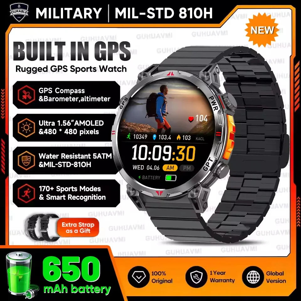 outdoor GPS smartwatch with AMOLED display and metal strap, showing heart rate and fitness data, featuring 5ATM waterproof design, compass, and Bluetooth connectivity for active use