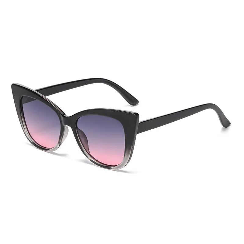 Black cat-eye sunglasses with gradient purple lenses on a white background