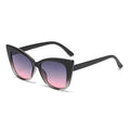 Black cat-eye sunglasses with gradient purple lenses on a white background