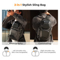 A man with Photographer Camera Sling Bag Hardshell Crossbody Shoulder Pack and displays.