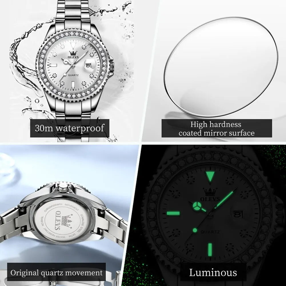 Premium women’s diamond dial quartz watch with stainless steel bracelet, waterproof 30m design, luminous hands, and durable scratch-resistant glass finish 