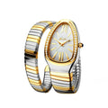 Premium look snake watch for women with gold and silver expandable bracelet, white dial, Roman numerals, diamond bezel, and stylish elegant fit on a white background