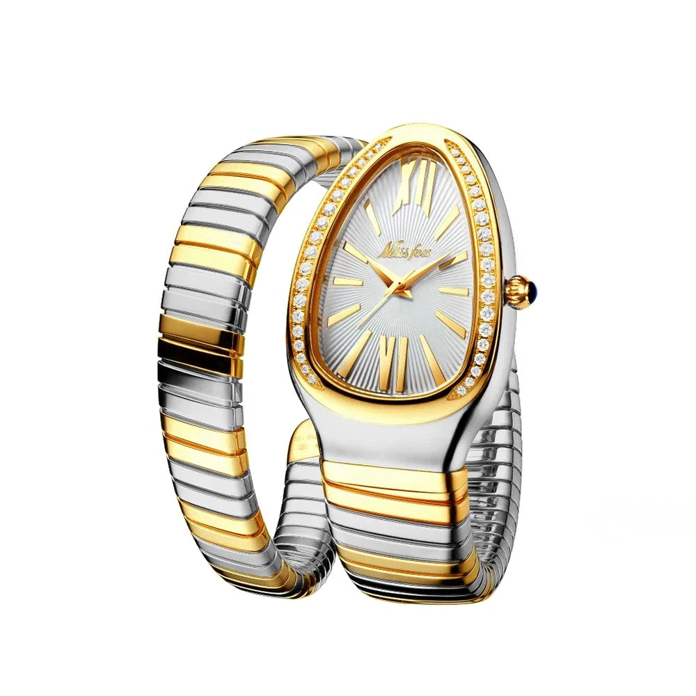 Premium look snake watch for women with gold and silver expandable bracelet, white dial, Roman numerals, diamond bezel, and stylish elegant fit on a white background