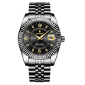 Premium men’s waterproof stainless steel watch with black bracelet, gold-tone luminous hands, Roman numerals, date display, and elegant luxury design on a white background