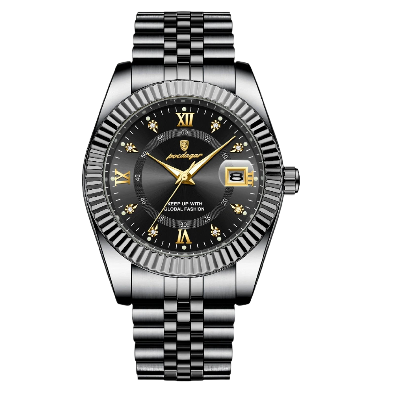 Premium men’s waterproof stainless steel watch with black bracelet, gold-tone luminous hands, Roman numerals, date display, and elegant luxury design on a white background