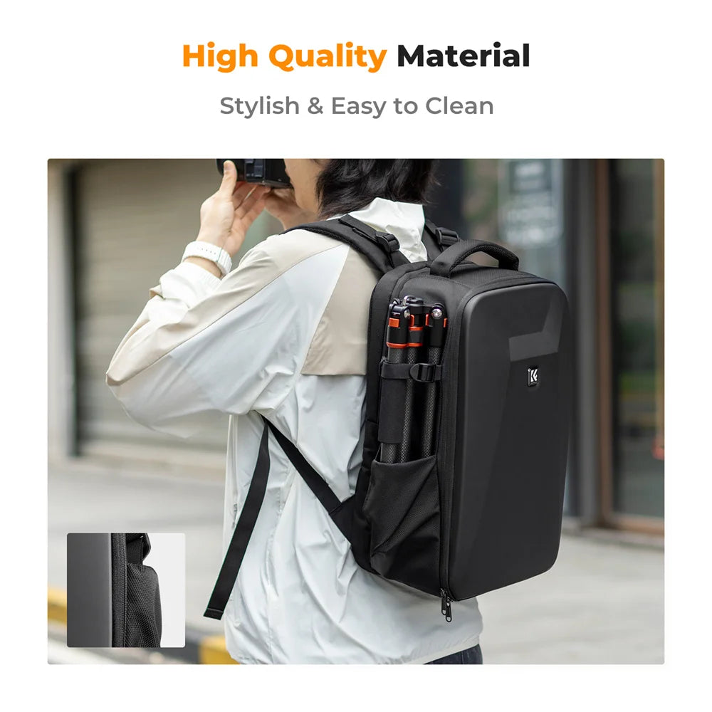 A woman Carrying a Professional Camera Backpack Anti-Theft Waterproof Large Capacity Bag on her back