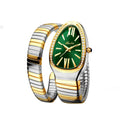 Radiant snake shape women’s watch with green dial, gold and silver expandable bracelet, diamond accents, and elegant luxury shine design on a white background