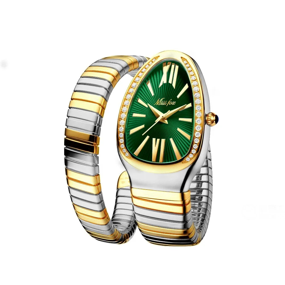 Radiant snake shape women’s watch with green dial, gold and silver expandable bracelet, diamond accents, and elegant luxury shine design on a white background