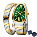 Refined snake shape women’s watch with green dial, gold and silver expandable bracelet, diamond accents, and elegant luxury shine design on a white background