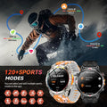 Rugged GPS smartwatch displaying fitness tracking data like steps, calories, and distance, featuring 120+ sports modes with 5ATM waterproof design and AMOLED display for outdoor performance