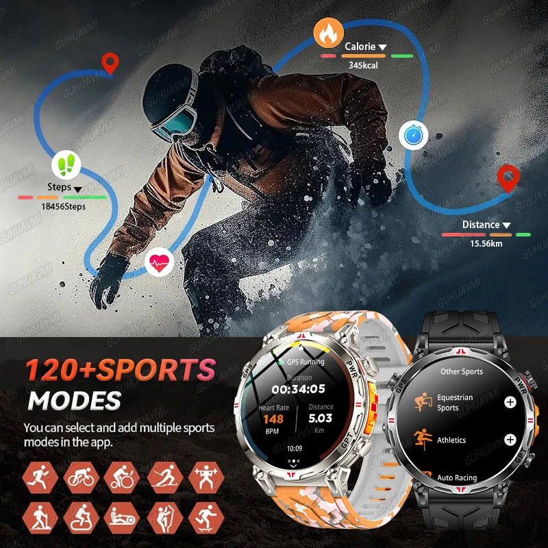 Rugged GPS smartwatch displaying fitness tracking data like steps, calories, and distance, featuring 120+ sports modes with 5ATM waterproof design and AMOLED display for outdoor performance